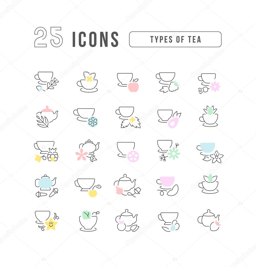 Types of Tea. Collection of perfectly thin icons for web design, app, and the most modern projects. The kit of signs for category Food and Drink.