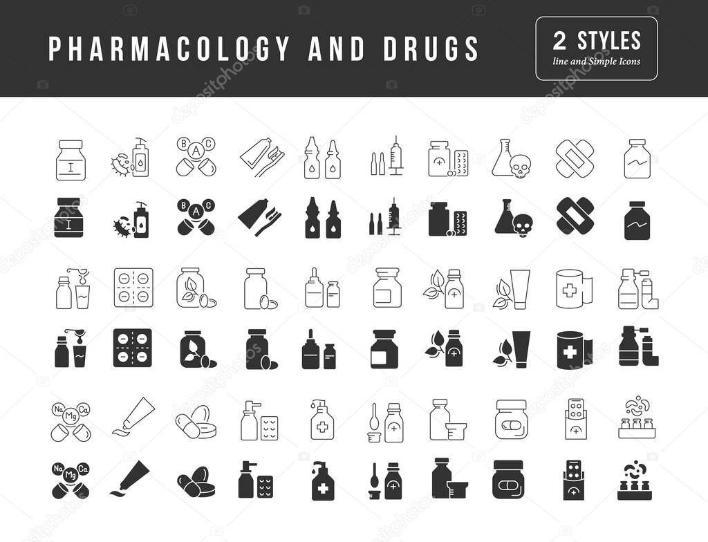 Pharmacology and Drugs. Collection of perfectly simple monochrome icons for web design, app, and the most modern projects. Universal pack of classical signs for category Medicine.