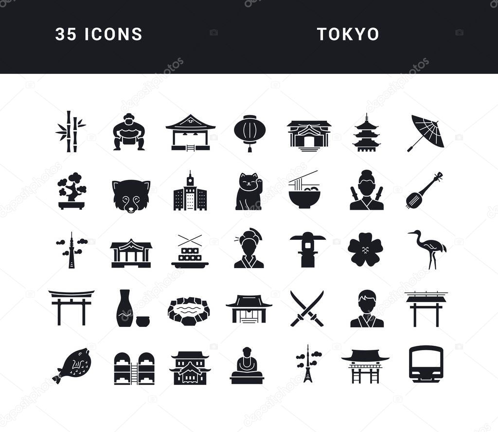 Tokyo. Collection of perfectly simple monochrome icons for web design, app, and the most modern projects. Universal pack of classical signs for category Countries and Cities.