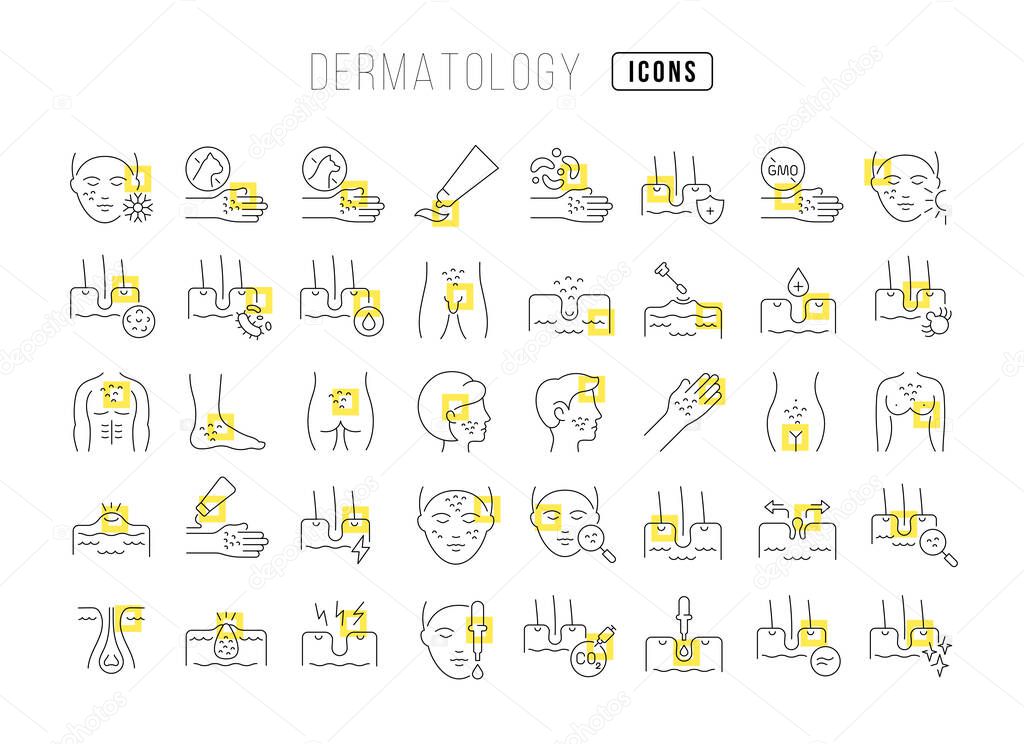 Dermatology. Collection of perfectly thin icons for web design, app, and the most modern projects. The kit of signs for category Medicine.