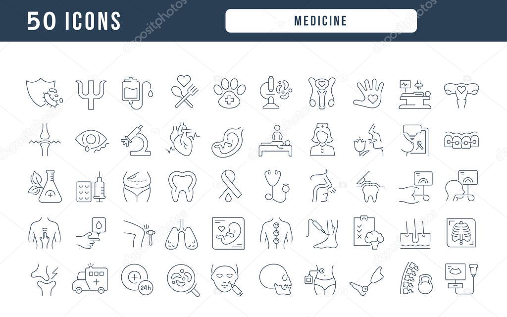Medicine. Collection of perfectly thin icons for web design, app, and the most modern projects. The kit of signs for category Medicine.