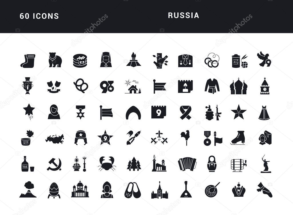 Russia. Collection of perfectly simple monochrome icons for web design, app, and the most modern projects. Universal pack of classical signs for category Countries and Cities.