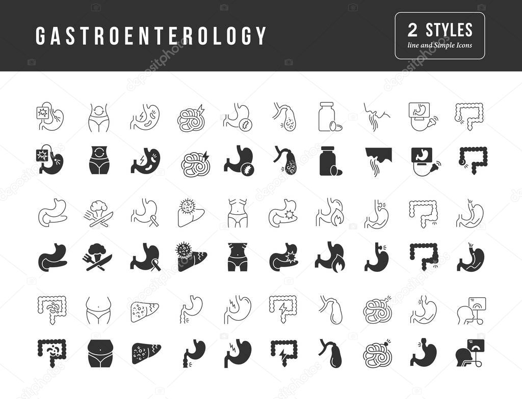 Gastroenterology. Collection of perfectly simple monochrome icons for web design, app, and the most modern projects. Universal pack of classical signs for category Medicine.