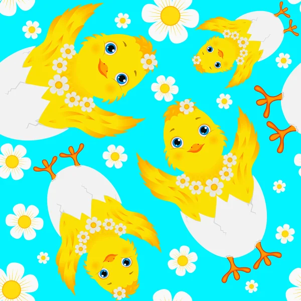 无缝模式与鸡、 鸡蛋和雏菊. — 图库矢量图片