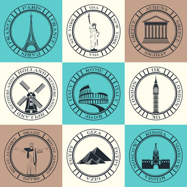 Aufkleber und Symbole reisen durch berühmte Städte der Welt. — Stockvektor