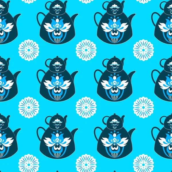 鍋および分離の青い背景の花のシームレスなパターン. — ストックベクタ