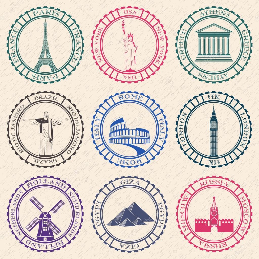Stickers of travel. Vector illustration isolated famous scenic attractions and places of the world.