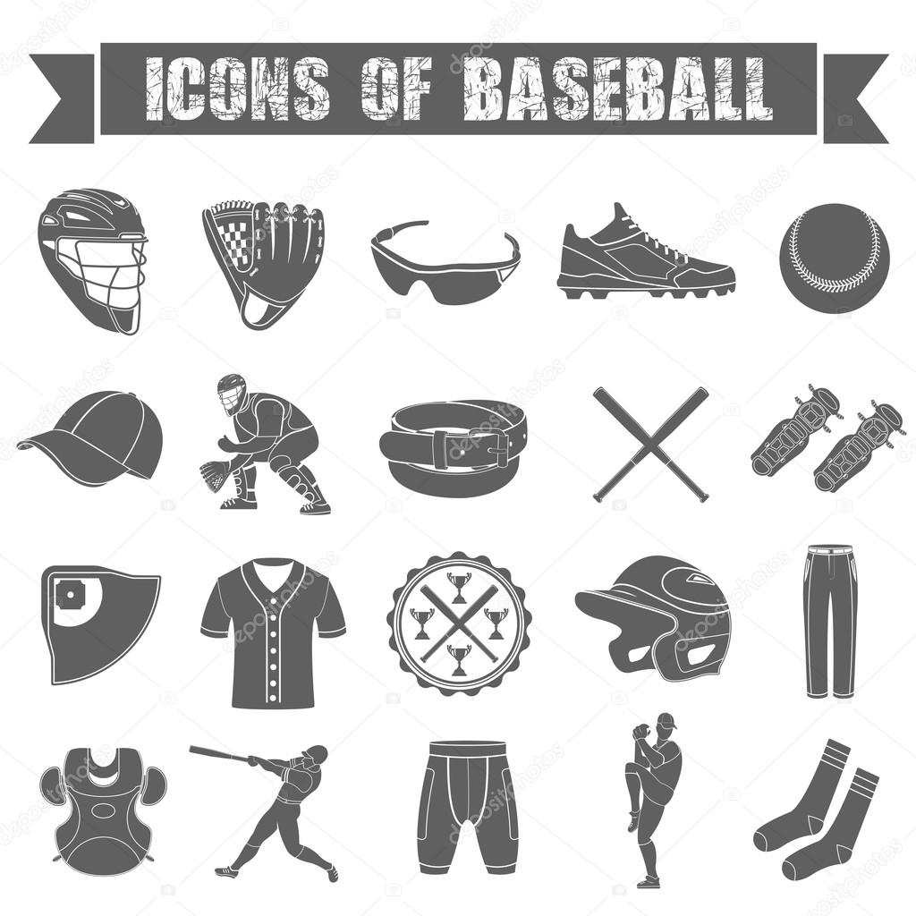 Set of vector icons of baseball on a white isolated background. Equipment, accessories, clothing and players. Stock Vector.