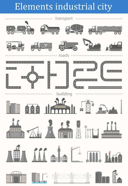 Vector set of elements industrial city - buildings, roads and tr — Stock Vector