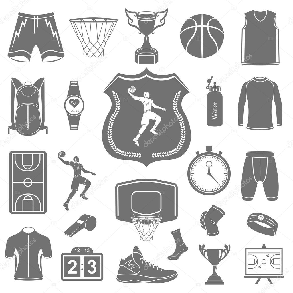Basketball icon set - stock vector. Large set of symbols, logos and icons of basketball. Sports equipment, protection, trackers, silhouettes of players, uniforms, clothing and shoes.