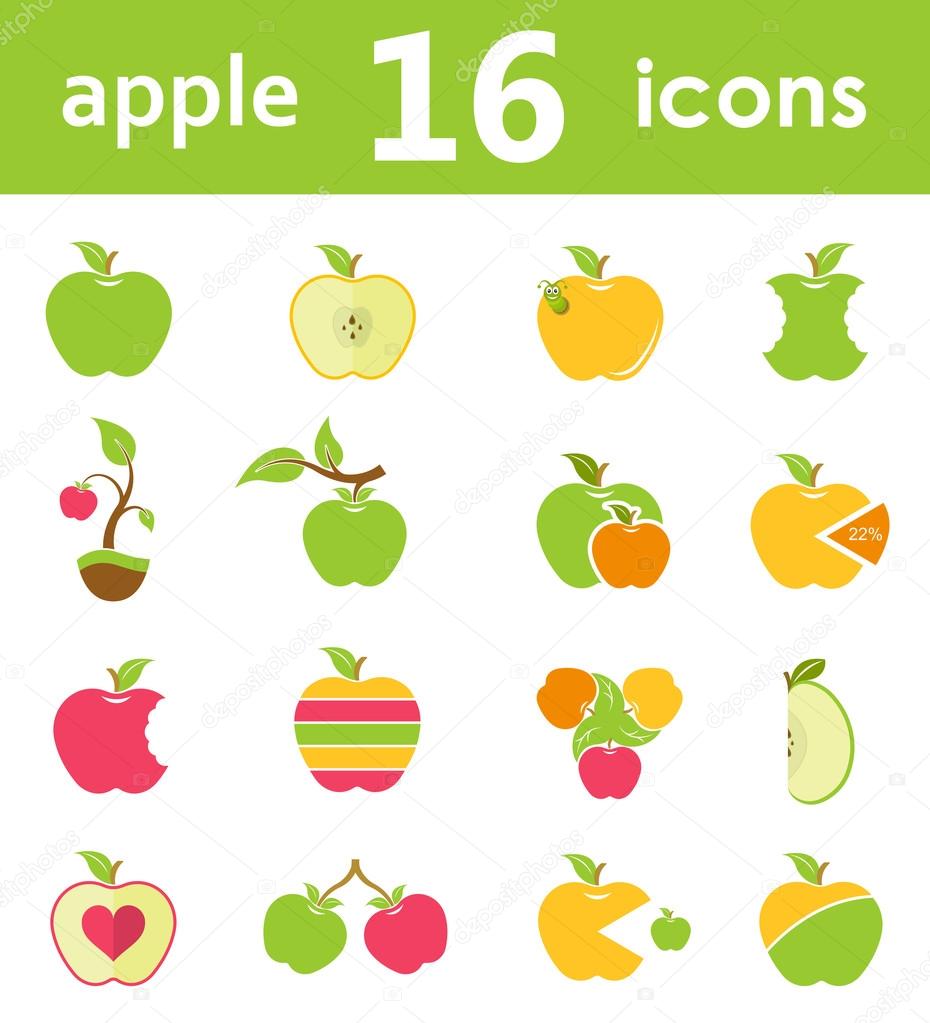 Apples. Set of red, green, bitten and half of fruit with leaf - Vector Illustration. Set apple logo for your company or fruit symbols for your projects.