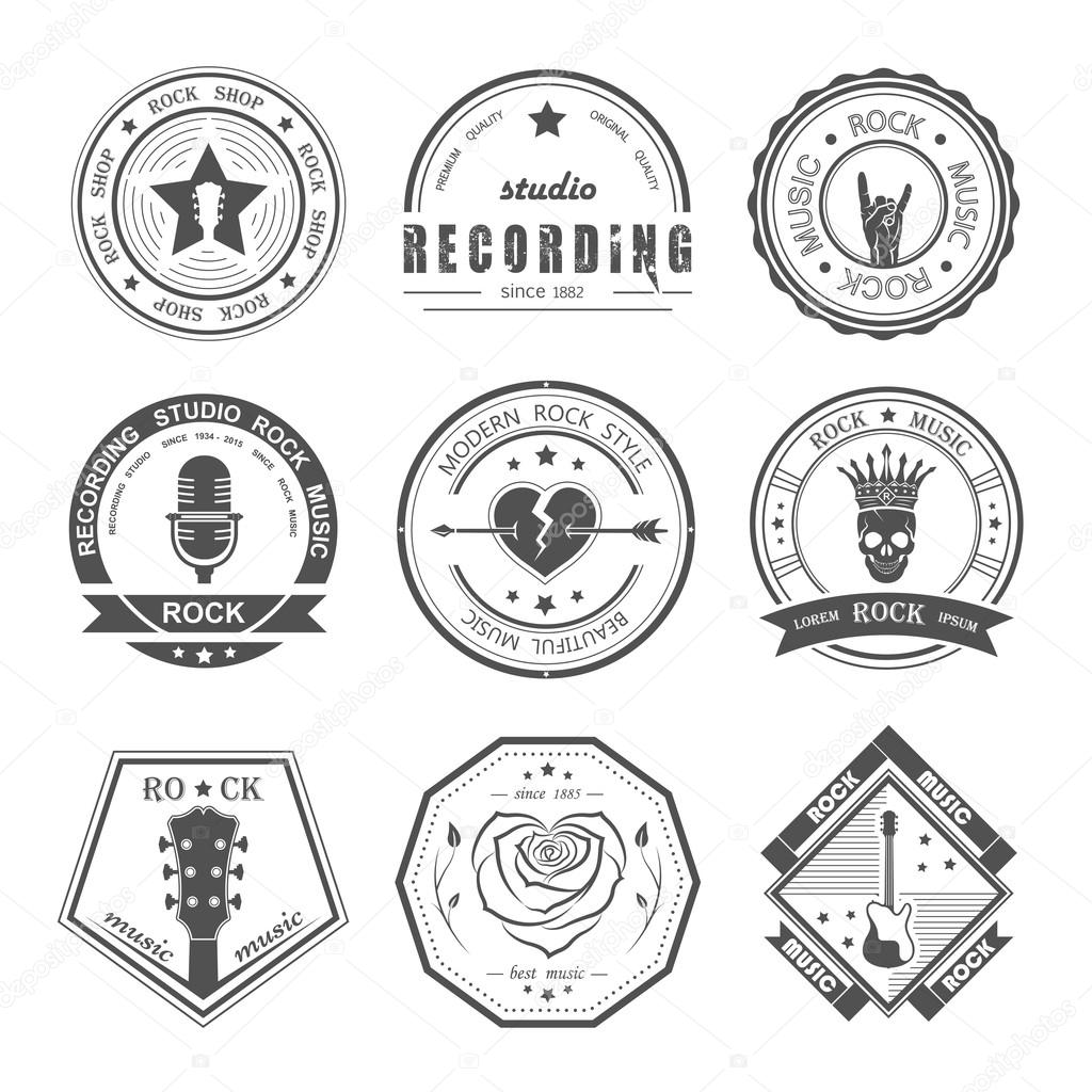 Set of logos rock music and recording studios. Music design elements with font type and illustration vector. Vintage label Rock Beast ( T-Shirt Print ).