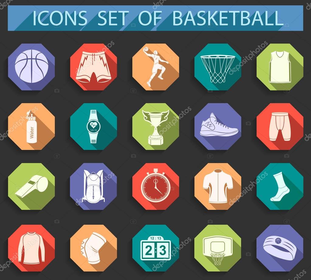 Basketball icon set - stock vector. Large set of symbols, logos and icons of basketball. Sports equipment, protection, trackers, silhouettes of players, uniforms, clothing and shoes.