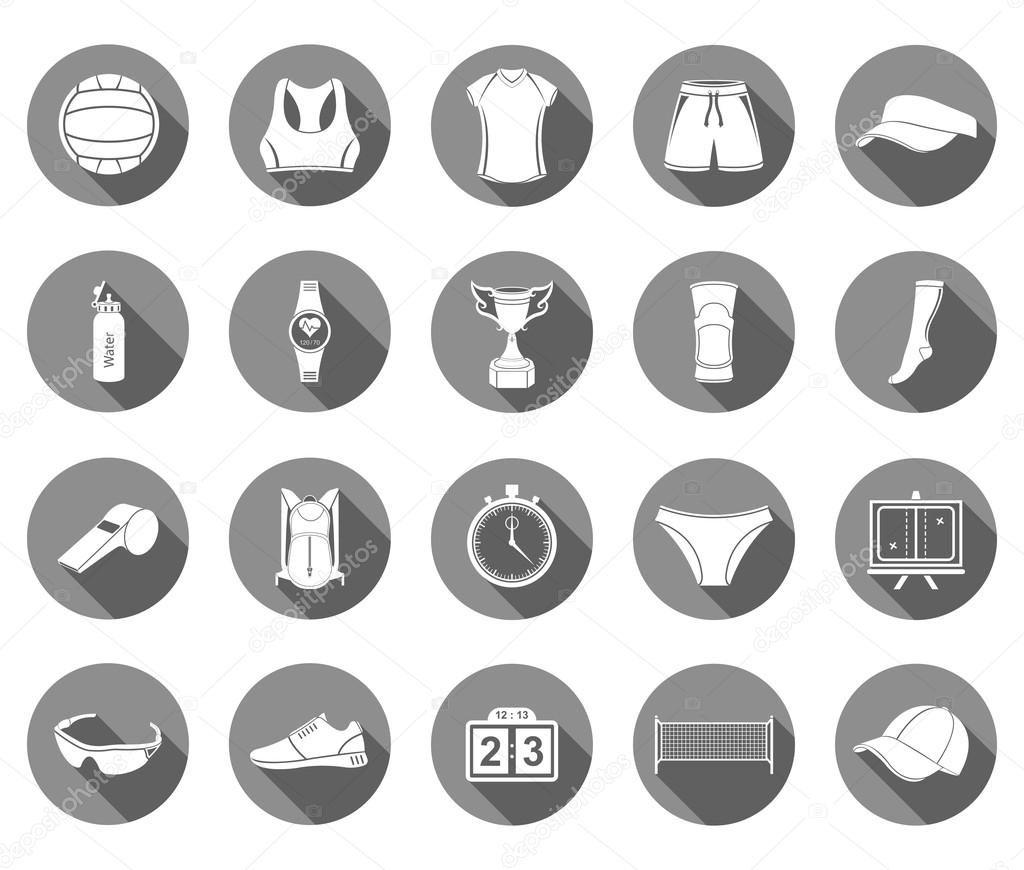 Volleyball icon set - stock vector. Large set of symbols, logos and icons of volleyball. Sports equipment, protection, trackers, silhouettes of players, uniforms, clothing and shoes.