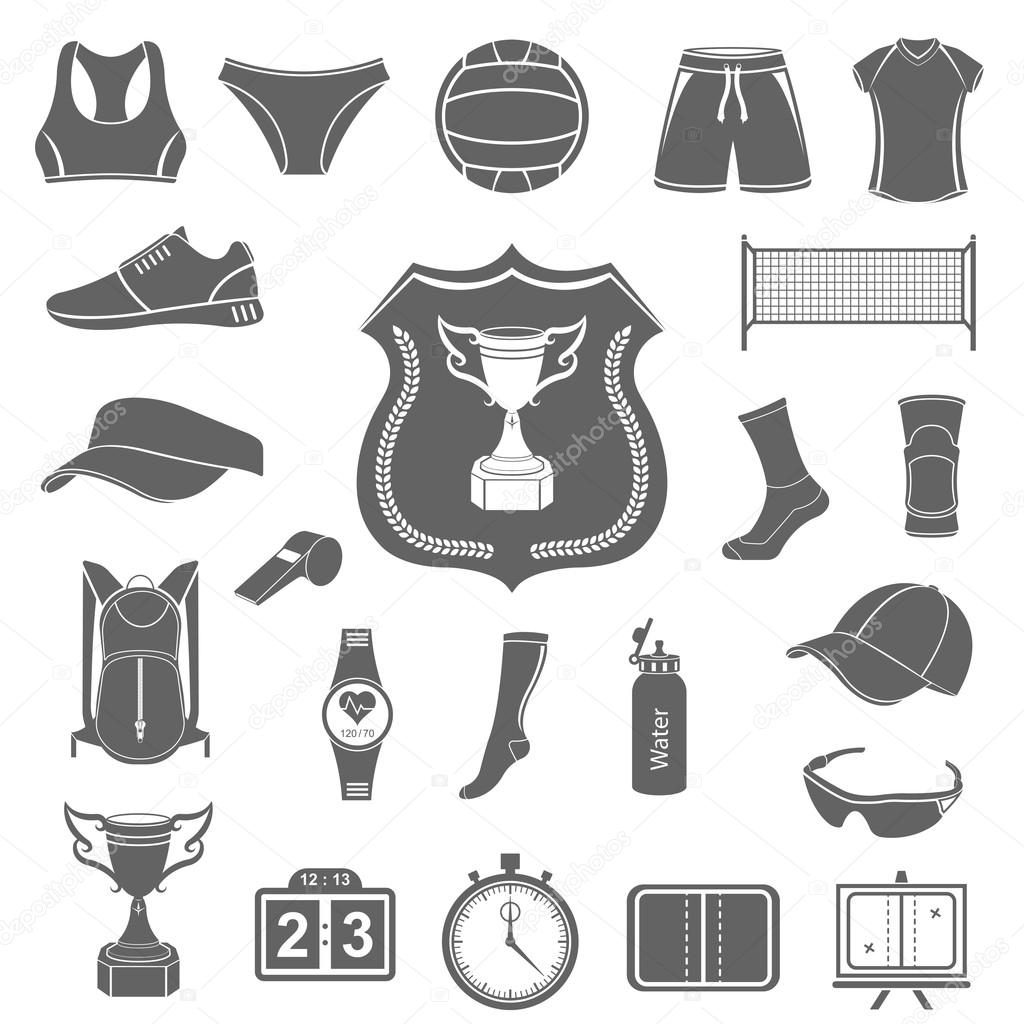 Volleyball icon set - stock vector. Large set of symbols, logos and icons of volleyball. Sports equipment, protection, trackers, silhouettes of players, uniforms, clothing and shoes.