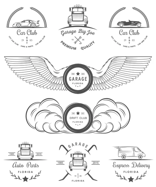 Set de insignias vintage club de coches y garaje — Vector de stock