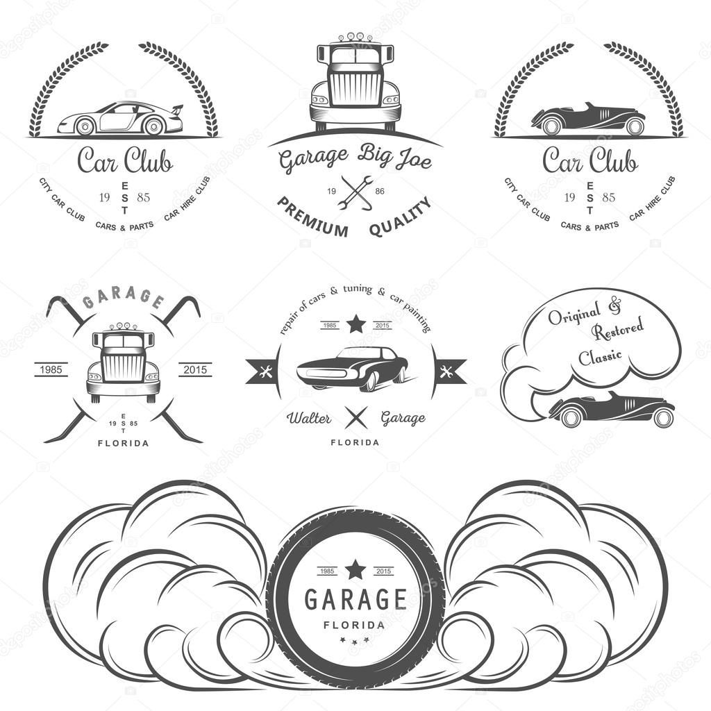 Set of vintage car club and garage labels, badges and design elements. Badges trucks, vintage cars and sports cars.