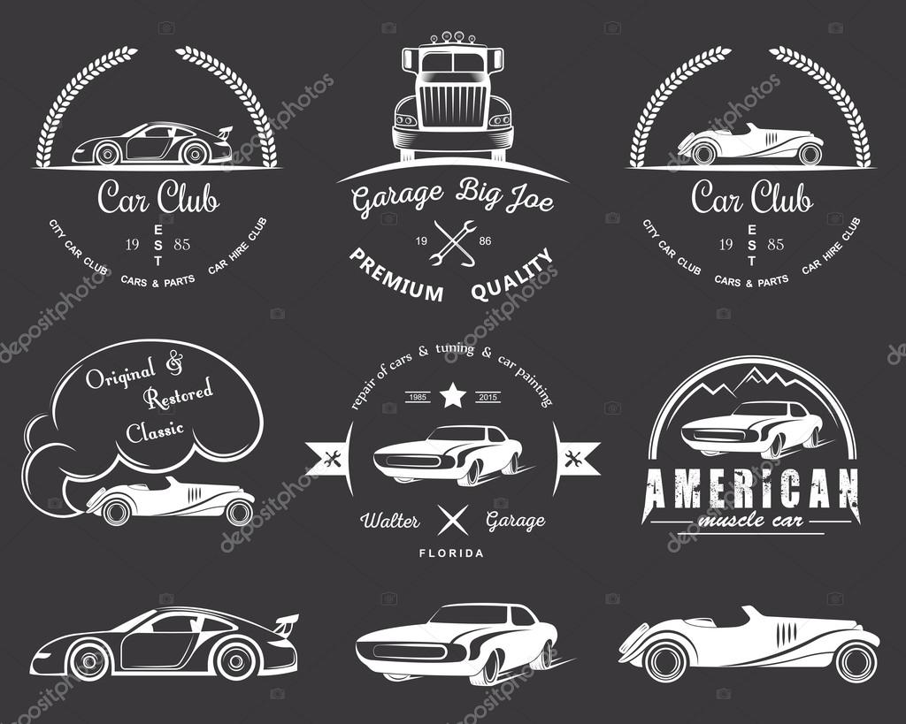 Set of vintage car club and garage labels, badges and design elements. Badges trucks, vintage cars and sports cars.