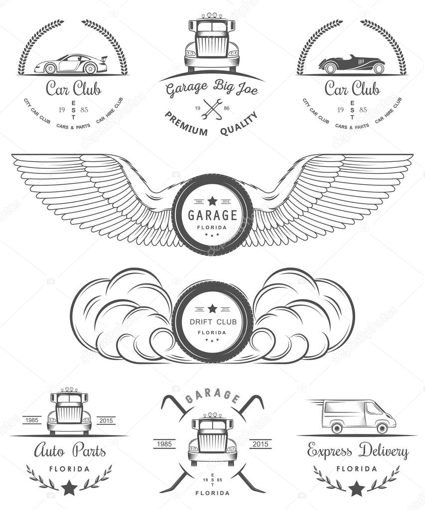Set of vintage car club, drift club, auto parts and garage labels, badges and design elements. Badges trucks, vintage cars and sports cars.