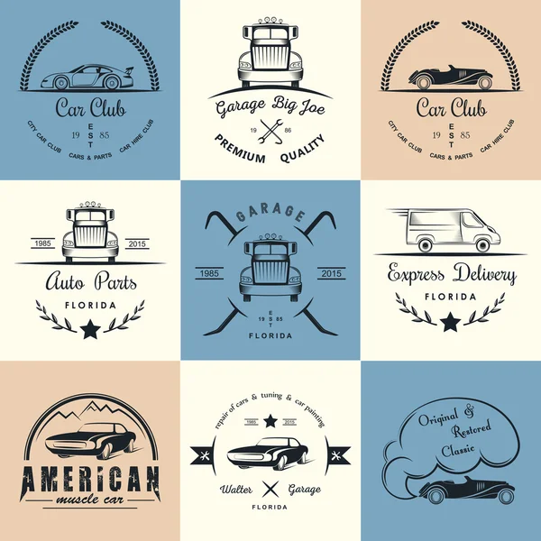 Set de insignias vintage club de coches y garaje — Vector de stock