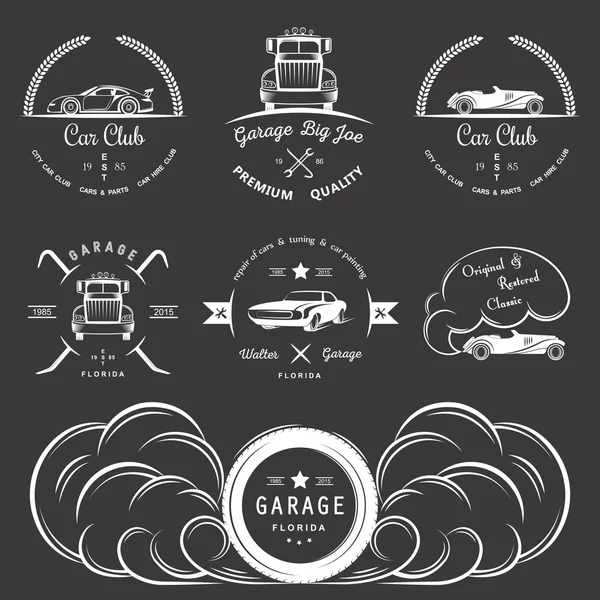 Set de insignias vintage club de coches y garaje — Vector de stock