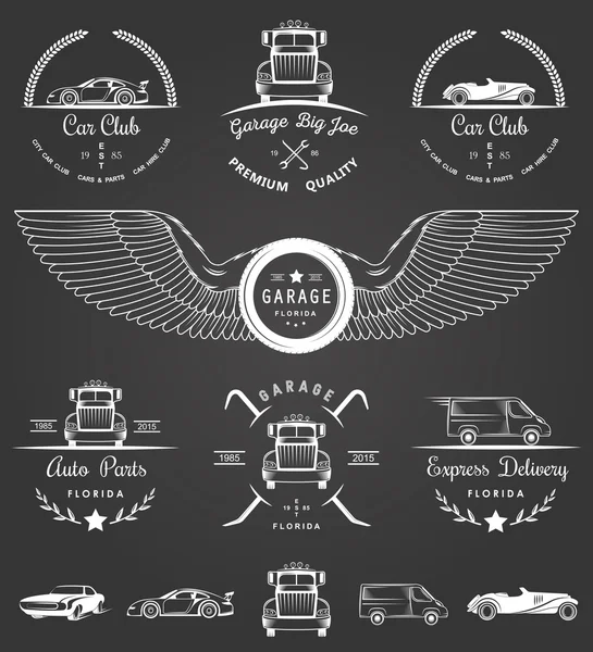 Set de insignias vintage club de coches y garaje — Vector de stock