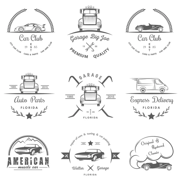 Conjunto de crachás vintage car club e garagem — Vetor de Stock