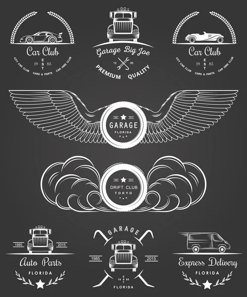 Set de insignias vintage club de coches y garaje — Vector de stock