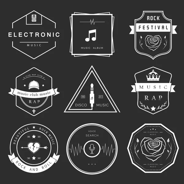 Vector Badges Rock, Rap, Classical and Disco Music — Stock Vector