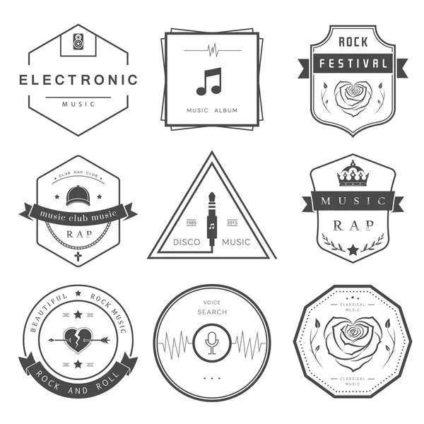 Vector Badges Música Rock, Rap, Clásica y Disco — Vector de stock