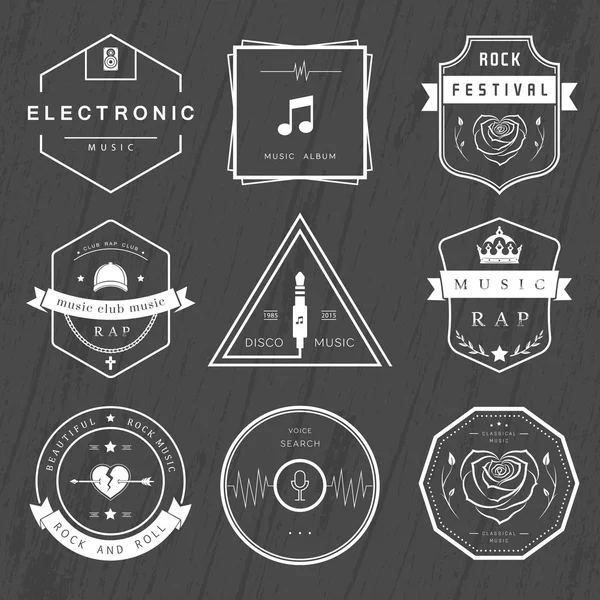 Vector Badges Rock, Rap, Classical and Disco Music — Stock Vector