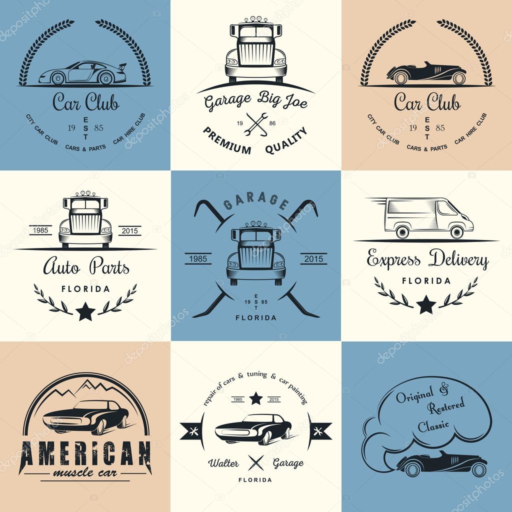 Set of vintage car club, drift club, auto parts and garage labels, badges and design elements. Badges trucks, vintage cars and sports cars.