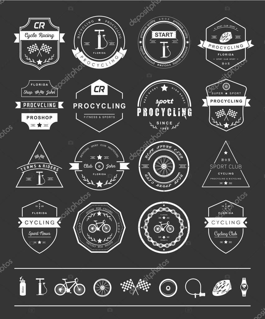 Set of badges and logos cycling. Symbols and emblems pro bike shop and equipment, cycling club and repair shops.