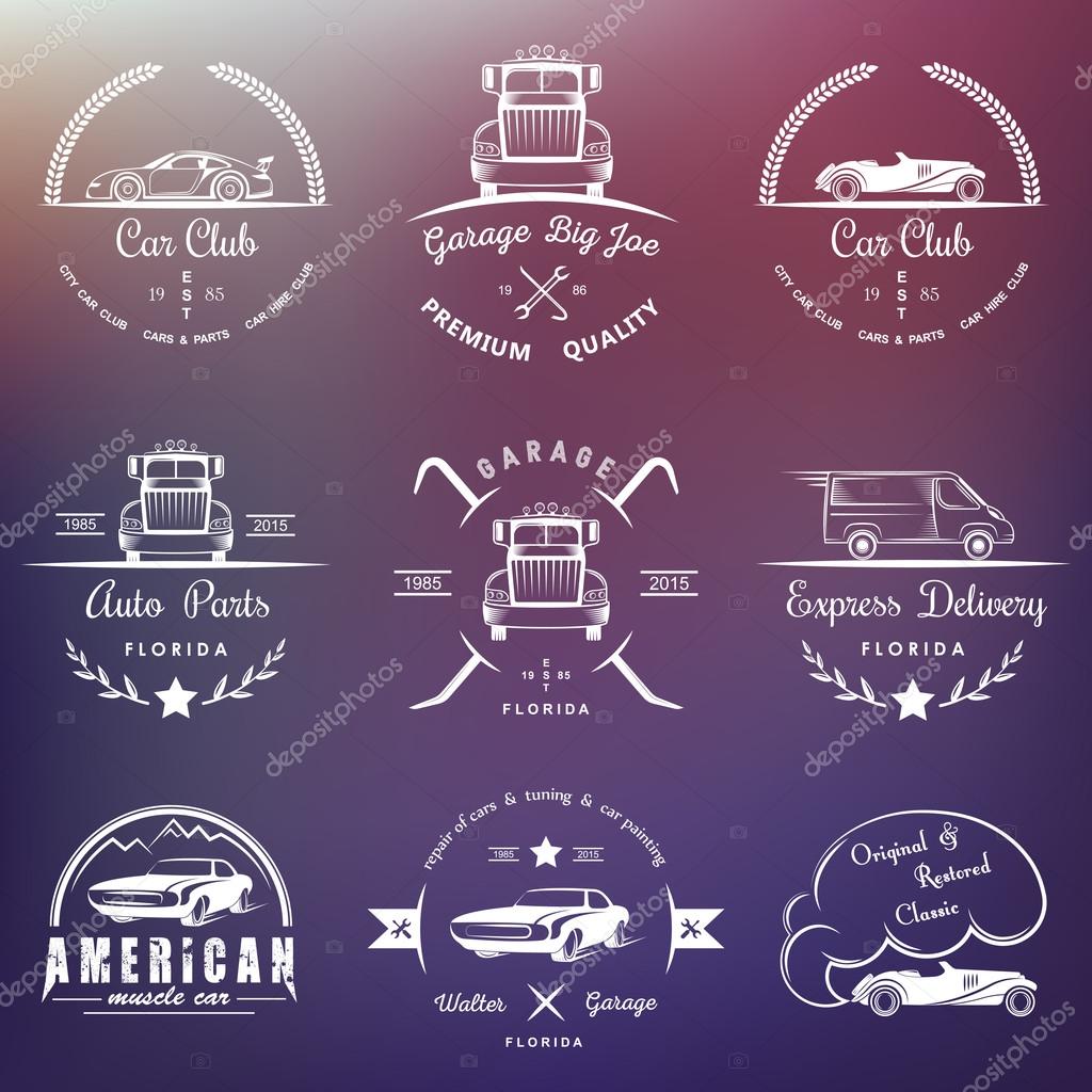 Set of vintage car club, drift club, auto parts and garage labels, badges and design elements. Badges trucks, vintage cars and sports cars.