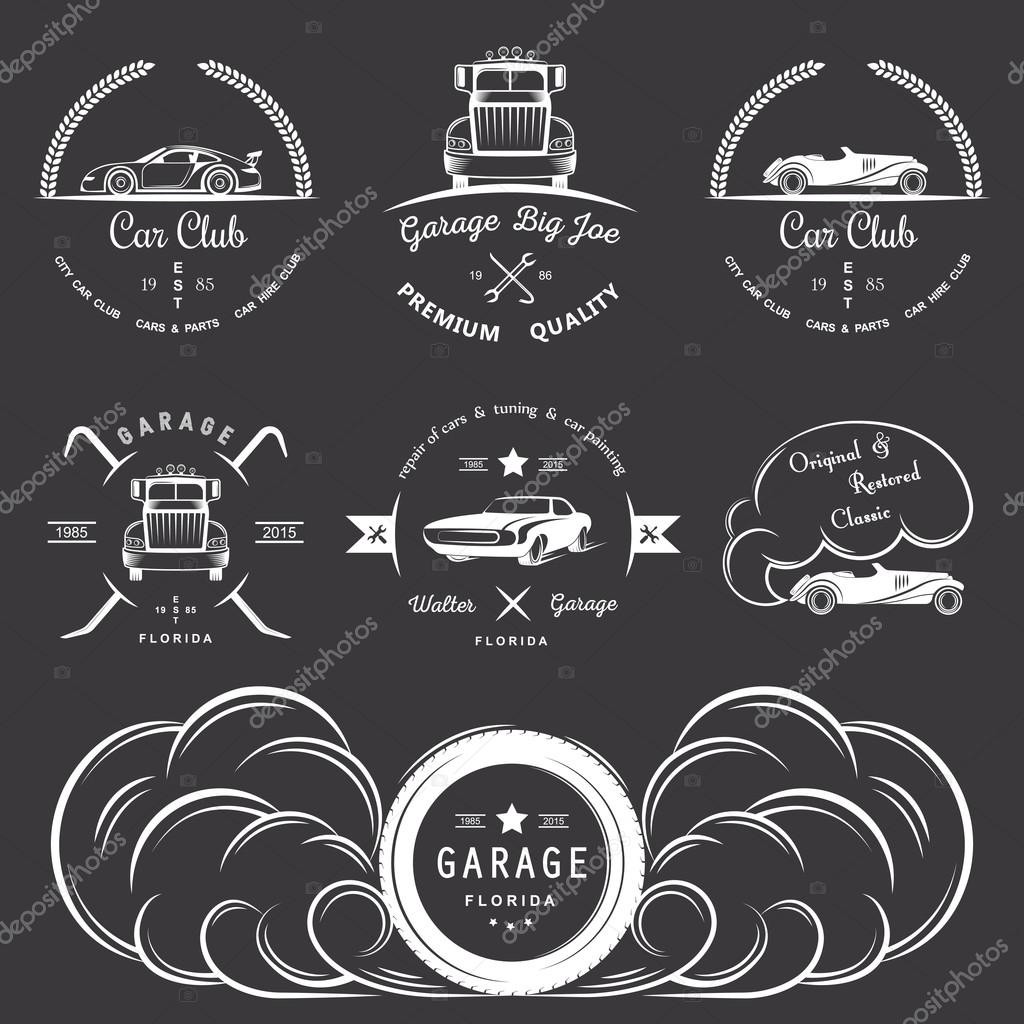 Set of vintage car club, drift club, auto parts and garage labels, badges and design elements. Badges trucks, vintage cars and sports cars.