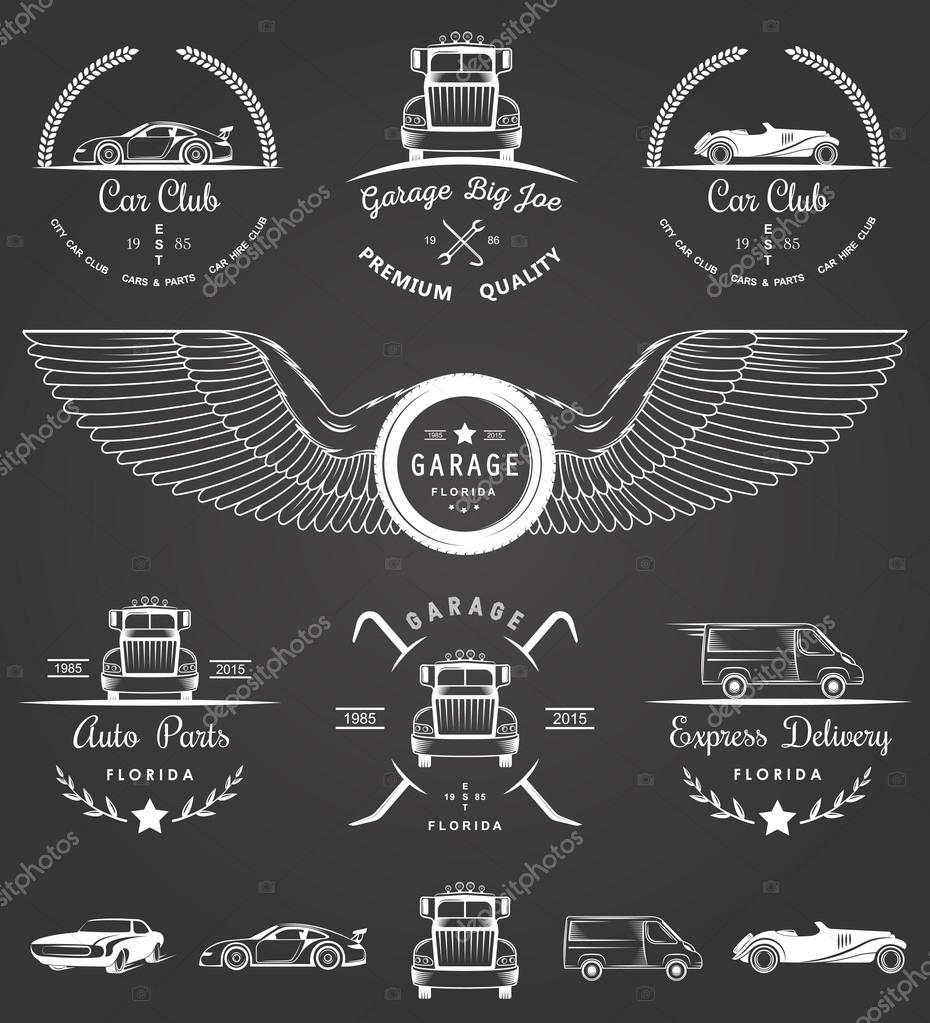 Set of vintage car club, drift club, auto parts and garage labels, badges and design elements. Badges trucks, vintage cars and sports cars.