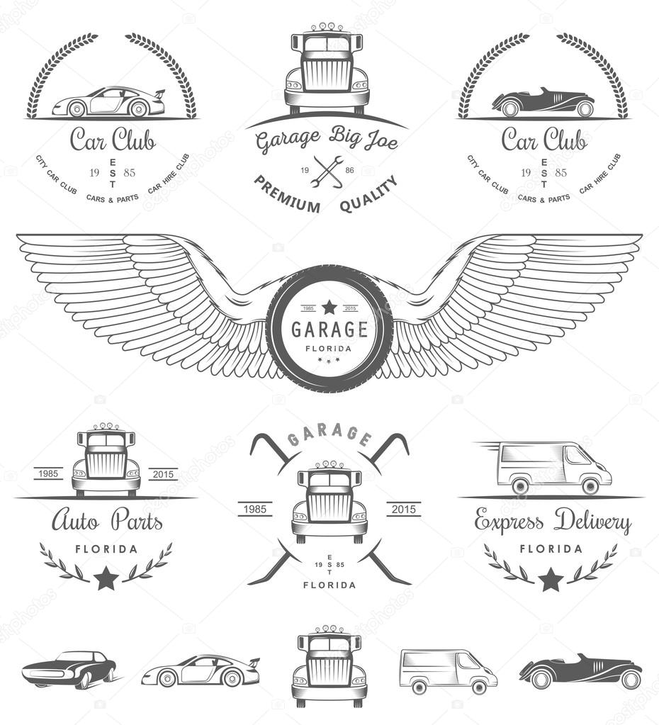 Set of vintage car club, drift club, auto parts and garage labels, badges and design elements. Badges trucks, vintage cars and sports cars.