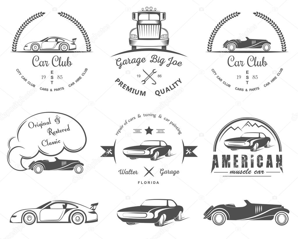 Set of vintage car club, drift club, auto parts and garage labels, badges and design elements. Badges trucks, vintage cars and sports cars.