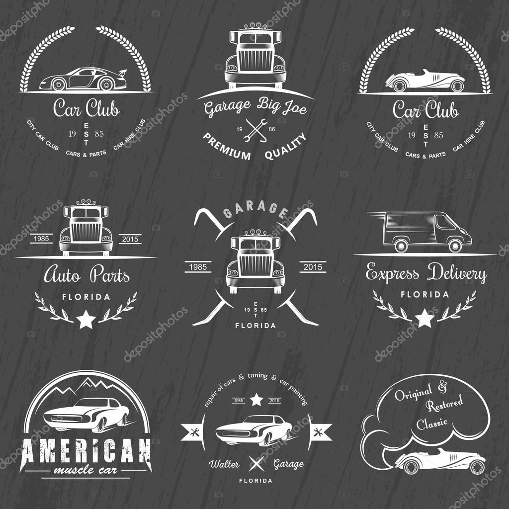 Set of vintage car club, drift club, auto parts and garage labels, badges and design elements. Badges trucks, vintage cars and sports cars.