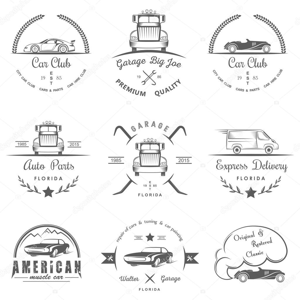 Set of vintage car club, drift club, auto parts and garage labels, badges and design elements. Badges trucks, vintage cars and sports cars.