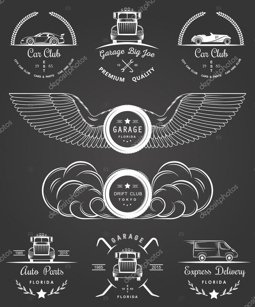 Set of vintage car club, drift club, auto parts and garage labels, badges and design elements. Badges trucks, vintage cars and sports cars.