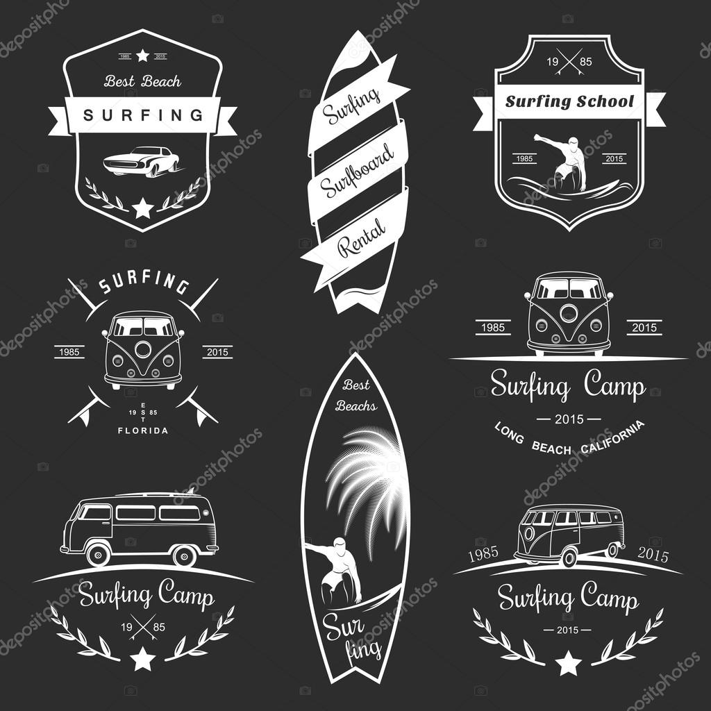 Vector badges and logos surfing, boards and equipment shops, beaches.