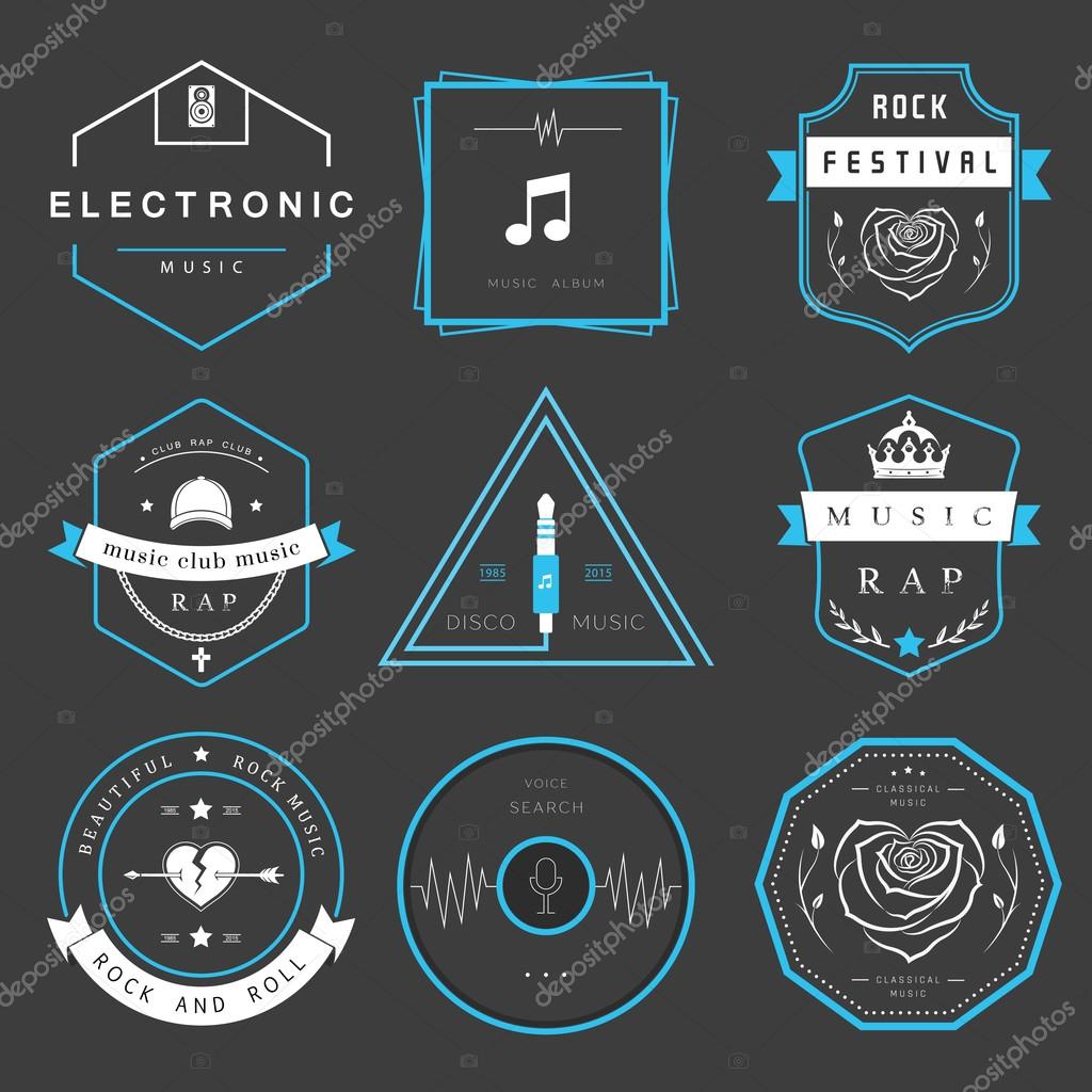 Vector badges rock music, rap, classical and electronic music. Vector logos festivals and concerts, elements of web design and voice search, prints for T-shirts.