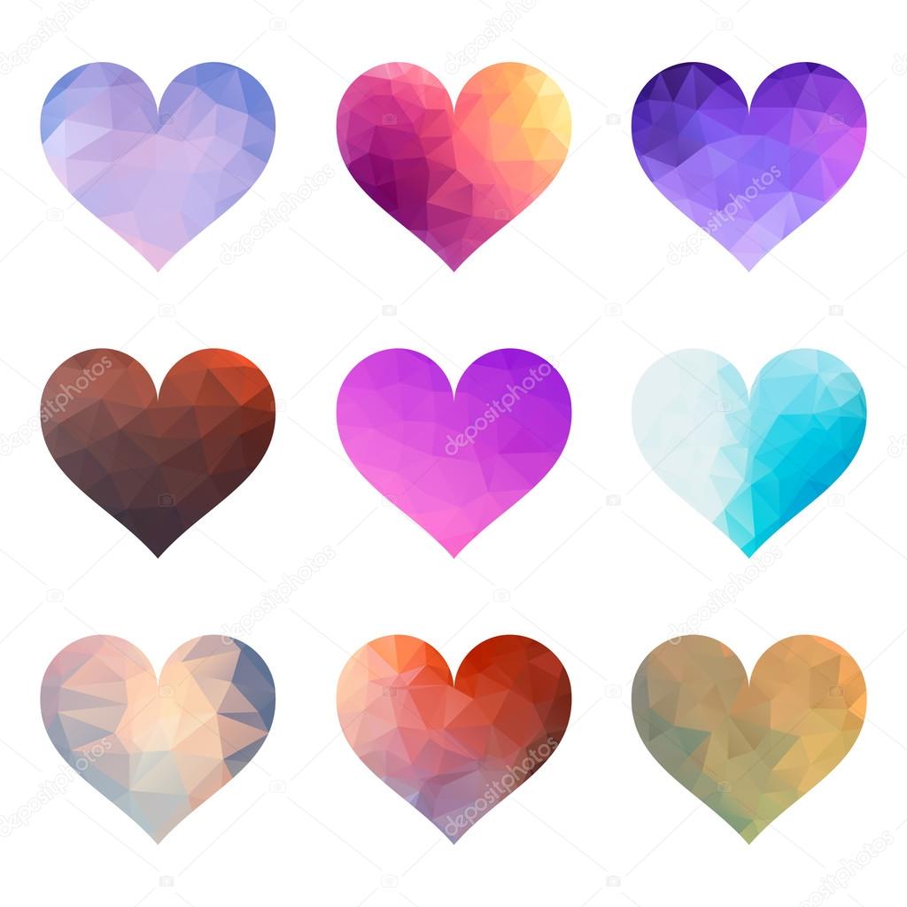 Set of Polygonal heart model. The collection of prints, logos and badges hearts isolated on white background. Polygonal design for T-shirts and flyers.