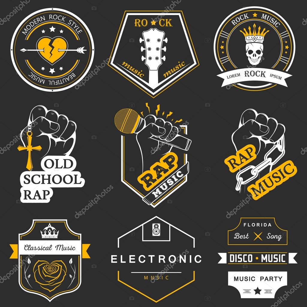 Set of vector badges and logos of rock music and rap classical music, electronic music and disco. The collection of symbols and emblems for printing T-shirts, festivals and parties.
