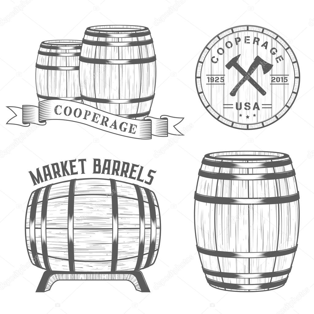 Vector set of badges and logos cooperage workshops. The collection of symbols and emblems on a white background - stock vector