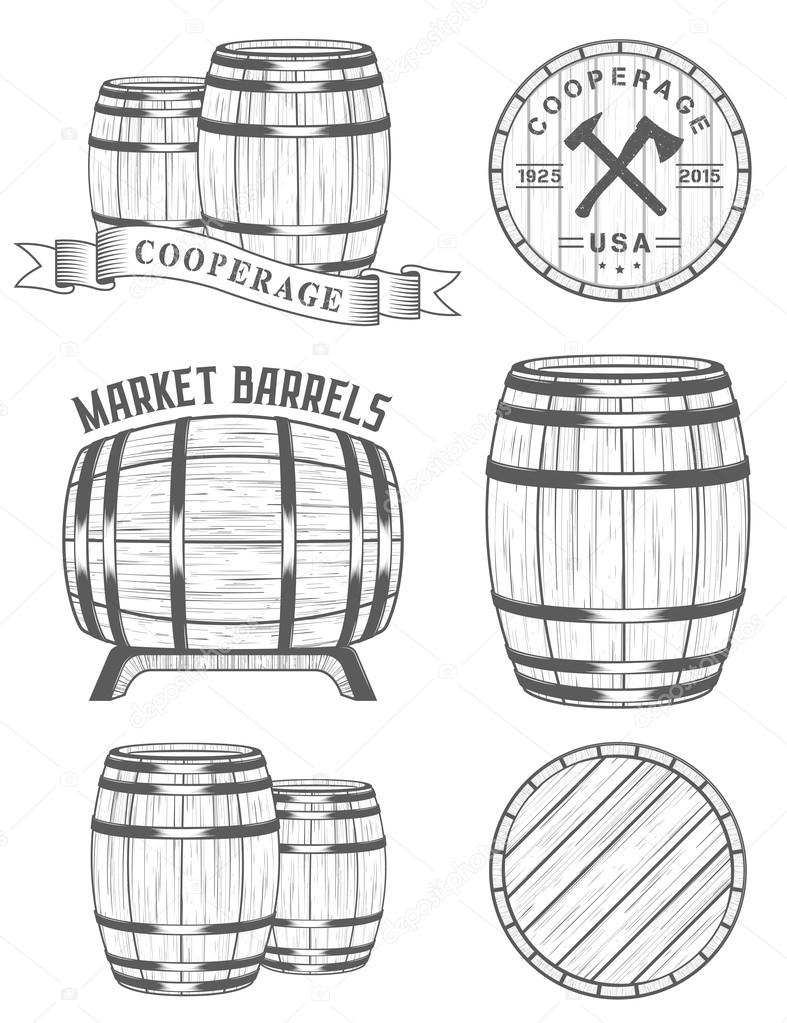 Vector set of badges and logos cooperage workshops. The collection of symbols and emblems on a white background - stock vector