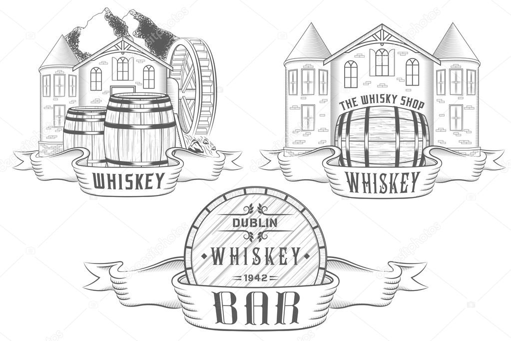 Vector Set Illustration and Badges Whiskey