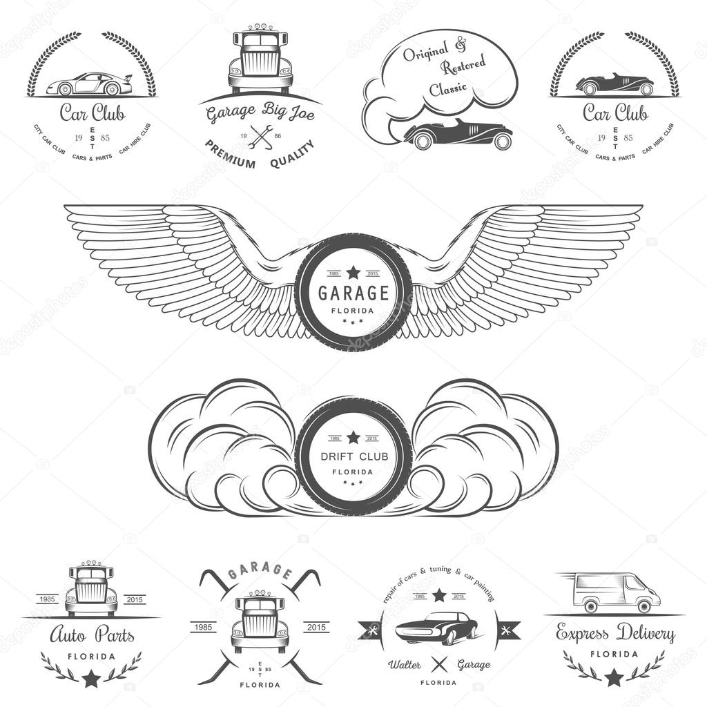 Set of vintage car club, drift club, auto parts and garage labels, badges and design elements. Badges trucks, vintage cars and sports cars.