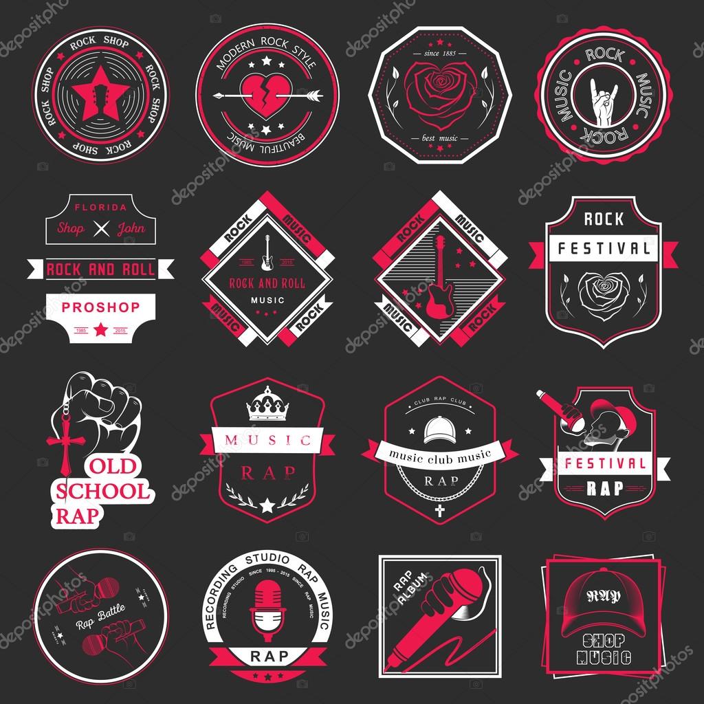Set of vector badges and logos of rock music and rap classical music, electronic music and disco. The collection of symbols and emblems for printing T-shirts, festivals and parties.